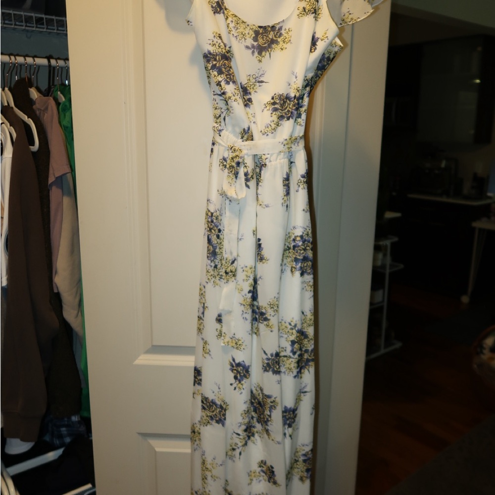 Floral White and Blue Maxi Dress
